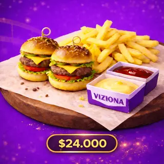 2 MINI BURGUER + PAPAS (30 gr. Carne de res C/U)